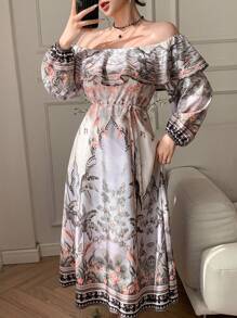 DAZY Beige Floral Print Off Shoulder Full Flare Dress For Women,Long Sleeve Ruffle Hem Self Tie Waist Autumn Boho Holiday Tea Party Vacation Outfits - White - View 3