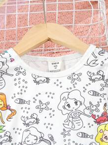 SHEIN Young Girls Cute Mermaid Print Luminous Long Sleeve & Leggings Snug Fit Pajama Set - Multicolor - View 5