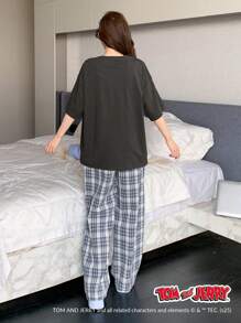 TOM AND JERRY X DAZY 2 件套女士卡通印花短袖格子睡衣套装 - 深灰色 - 查看 2
