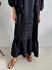 FRIFUL Váy dài vừa phải, chất liệu vải lanh pha trộn cho kỳ nghỉ bãi biển dành cho nữ, váy mùa thu, váy dài tay - Màu xanh hải quân - Xem 6