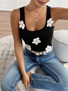 SHEIN Unity 女士优雅 3D 花卉修身方领背心 - 黑色 - 查看 3