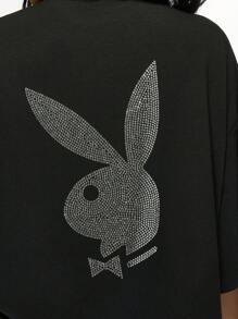 Missguided x Playboy Collection Rhinestone Bunny Logo Oversized T-Shirt | Streetwear Fashion Statement Top | Urban Casual Club Party Wear - Black - View 3