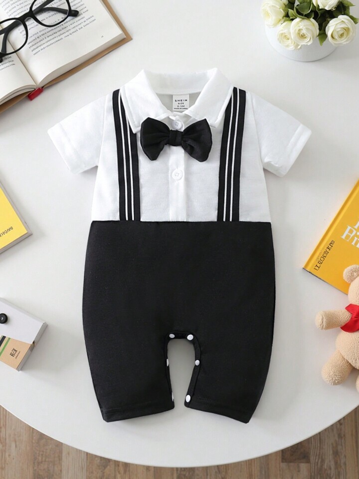 SHEIN Newborn Baby Boys Romper, Collared Front-Open 2 In 1 Design, Fashionable And Elegant, Bowknot Accent, Gentlemanly Style, Sophisticated And Handsome, Minimalist Design, Suitable For Daily Wear And Photography, All Season, Infant Baby Boys Clothes