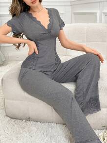 SHEIN Solid Color V-Neck Contrast Lace Waist Tied Short Sleeve Pants Women Pajama Set - Grey - View 3