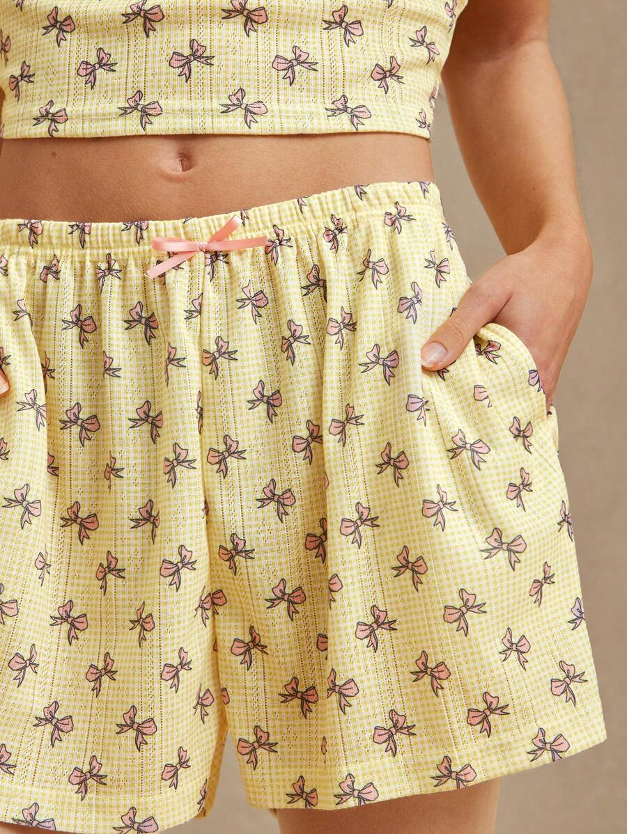 WESTFADE 春夏蝴蝶结图案印花镂空中腰休闲图案休闲短裤 90 年代风格 - 黃色 - 查看 1