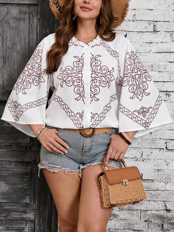 SHEIN VCAY Plus Size Holiday Boho Country Retro Print Ruffle Trim 3/4 Sleeve Button-Up Shirt, Western Wear Women, Festival, Boho, Hippie, Cowgirl Outfit, Bohemian, Old Money, Summer Outfits For Women, Beach, Summer Clothes Women, St. Patrick's Day Outfit, Spring Outfits For Women, Beach Outfits For Woman