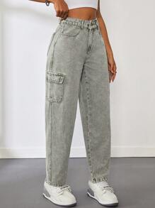 SHEIN Tall Women's Casual Fitted Tapered Cargo Jeans - Army Green - View 4