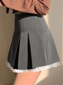 DAZY Lace Patchwork Plaid Short Pleated Skirt For Women,Fall Clothes - Grey - View 3