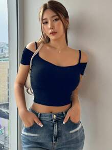 DAZY Women's Solid Color Simple Fitted Cold-Shoulder Blouse, Casual Everyday Wear Summer Preppy Tops - Navy Blue - View 3