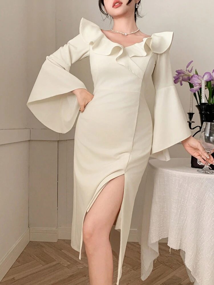 V-Neck Ruffled Flared Sleeve Slit Midi Dress For Women,Fall Dress Long Sleeve Dress