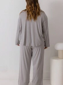 Aralina Curve Soft Jersey Relaxed-Fit Button Up Shirt And Wide-Leg Pants Lounge Set With Scrunchie