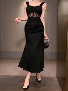 DAZY 女式蕾丝拼接宽肩带优雅修身中长连衣裙太阳裙，正式女装 - 黑色 - 查看 8