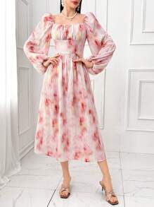 Modelyn Vestido casual de mujer con cuello cuadrado, manga larga, plisado y estampado floral