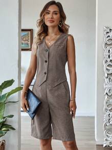 EMERY ROSE 2pcs Women Casual Solid Color Sleeveless Vest And Full Length Pants Set, Minimalist Style For Daily Wear - Khaki - View 3