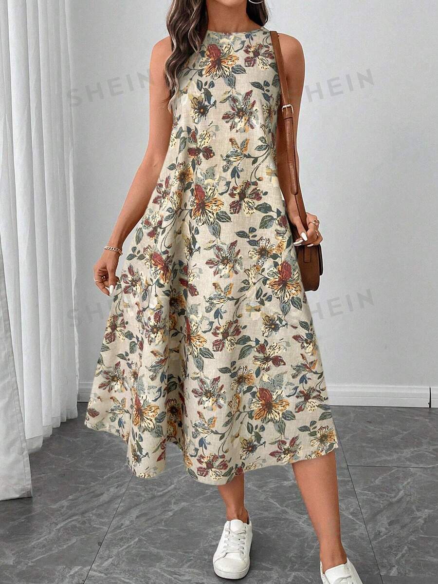 SHEIN LUNE Vestido midi de línea A sin mangas con cuello redondo y estampado floral retro, casual y elegante