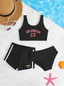 SHEIN 3 件套年轻女孩时尚纯色泳衣 - 黑色 - 查看 1