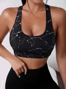 SHEIN Sport Studio Sujetador deportivo con estampado de mármol con abertura trasera