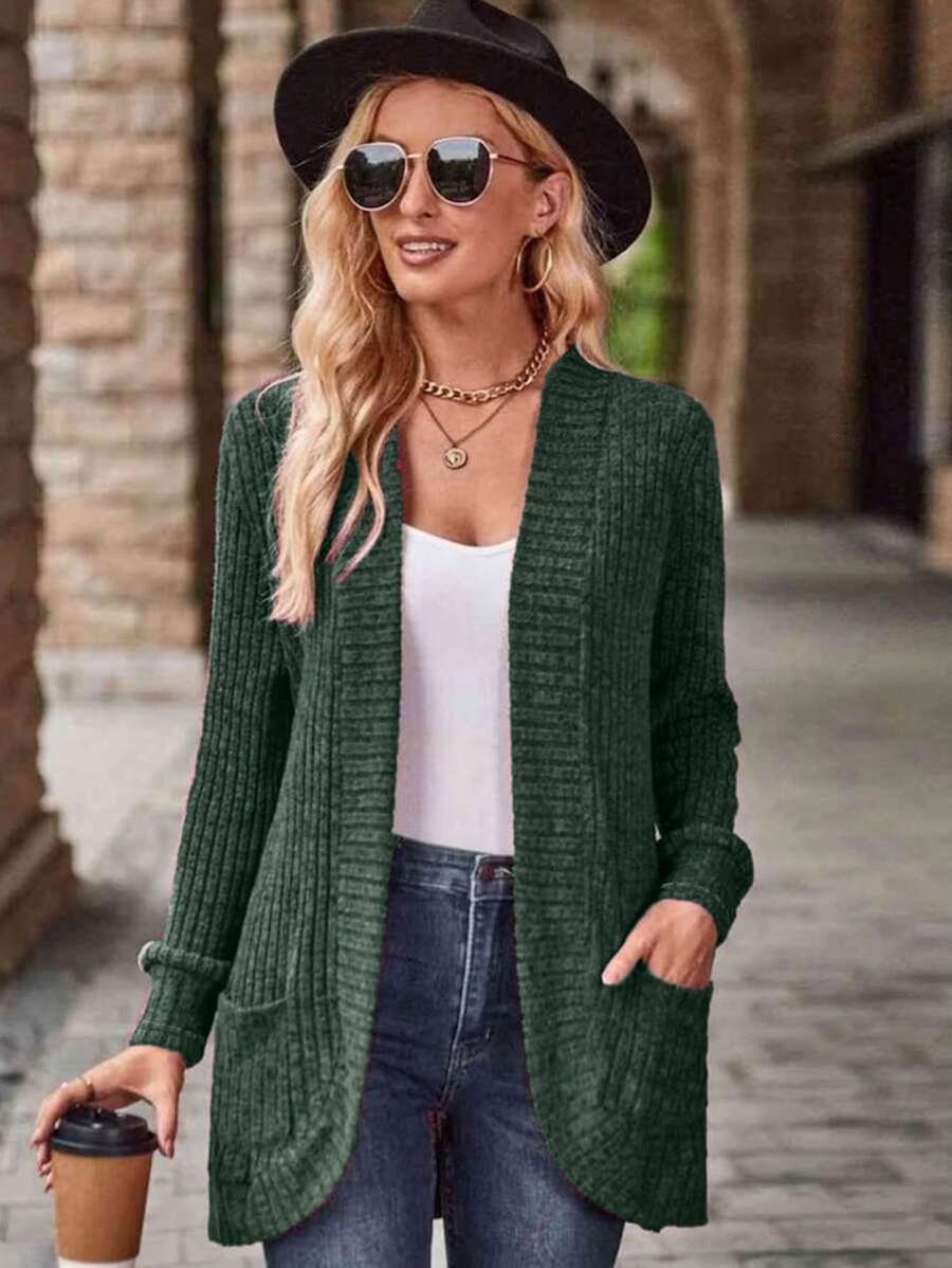 SHEIN LUNE Women's Solid Color Long Sleeve Pocketed Open Front Casual Lightweight Jacket - Dark Green - View 1