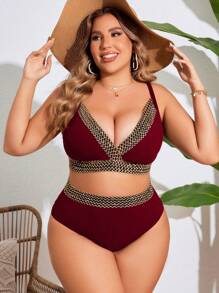 SHEIN Swim Curve 2pcs Plus Size Women Spaghetti Strap Contrast Tape Decor Separate Style Casual Resort Swimwear Bikini Set, For Summer Beach Vacation - Burgundy - View 3