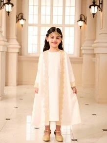Conjunto de niña, vestido blanco sin mangas con elegante abrigo bordado, atuendo de 2 piezas para primavera y verano