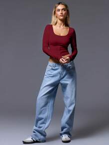 MUSERA Button Corset Long Sleeve Top Casual Summer Spring - Burgundy - View 4