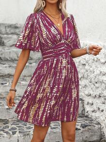 Breezaya 扎染荷叶边袖腰部中长连衣裙度假海滩装女装 - 中紫紅色 - 查看 3