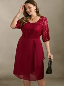 SHEIN Clasi Vestido rojo de talla grande elegante con parches de encaje, gasa con pliegues en la cintura y ajuste al Body, ideal para el Día de San Valentín y la primavera