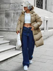 EURMUSE Zip Up Long Padded Coat With Hoodie Keeping Warm - Beige - View 3