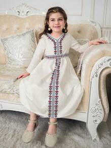 Young Girls Ramadan Collection V-Neck Flared Long Sleeve A-Line Dress With Elastic Waist, Digital Print, For Spring/Summer - White - View 6