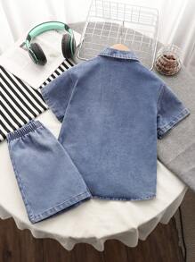 SHEIN Explorewe Bộ 3 trang phục mùa hè phong cách Mỹ cổ điển cho bé trai: Áo sơ mi denim thiết kế rộng rãi + Áo phông trắng + Quần short denim thường ngày - Màu xanh lam - Xem 4