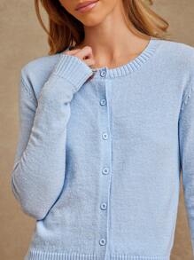 WESTFADE Summer Crewneck Button Front Long Sleeve Cardigan Sweater 90s - Blue - View 2