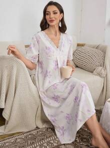 Camisón romántico de mujer con escote en V, manga corta, estampado floral y parches de encaje, perfecto para el verano y las vacaciones