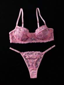 PetitDoll 2件套雏菊蕾丝透视钢圈性感文胸和丁字裤内衣套装女士 - 粉色 - 查看 3