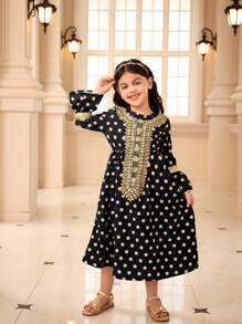 SHEIN Spring/Autumn Girls Modest Modest Elegant Print Floral Trim Long Sleeve Round Neck Dress - Black - View 5