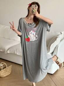 DAZY 猫咪印花宽松短袖女士睡袍睡衣
