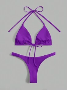 Swim Basics Bộ đồ bơi bikini hở lưng gợi cảm màu trơn dành cho nữ, đi nghỉ, đi biển mùa hè - Màu tím - Xem 2