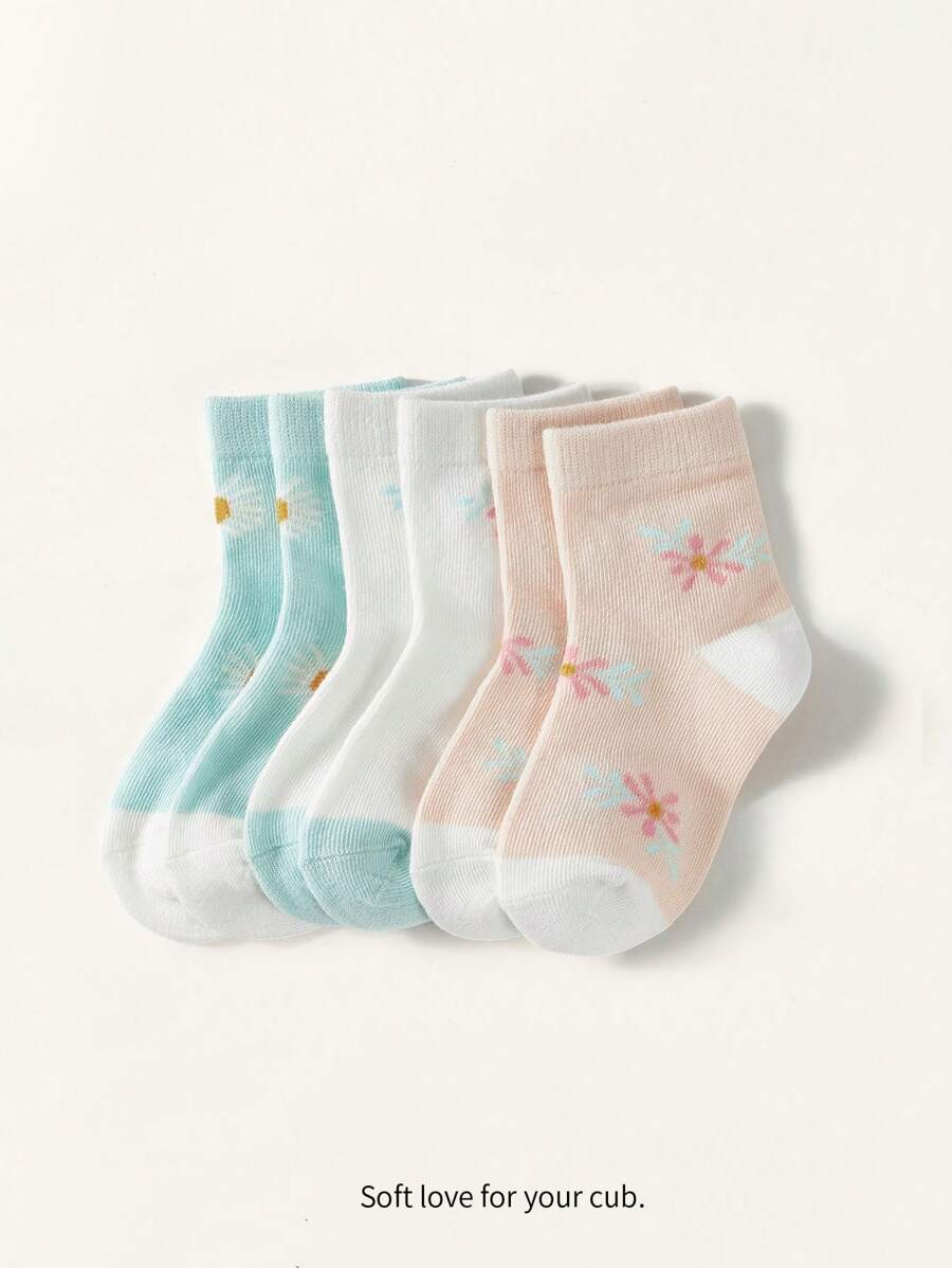 Cozy Pixies 3 Pairs Children Floral Jacquard Mid-Calf Socks, Fresh Daily Style - Multicolor - View 1