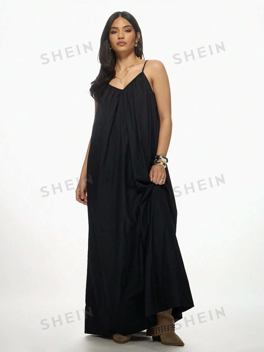 MISSGUIDED Vestido maxi fluido y ablusado, elegante para fiestas y eventos, con escote en V, tirantes de espagueti, largo hasta el tobillo, ajuste suelto y drapeado, para verano y primavera