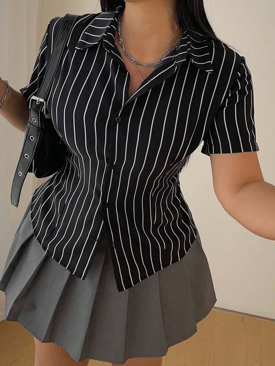 POPSWAY Plus Size Women Striped Print Button Front, Short Sleeve Casual Shirt - Black - View 1