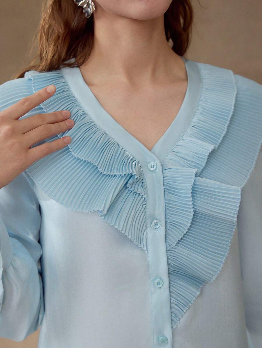 MOTF PLEATED RUFFLE TRIM BLOUSE,SPRING/SUMMER - Blue - View 2