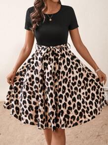 SHEIN LUNE 女士复古豹纹 A 字中长连衣裙，撞色圆领短袖，休闲假日优雅街头服饰