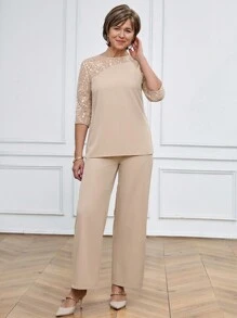 Miaspire Women Solid Color Round Neck Short Sleeve Top And Flower Print Wide Leg Pants Set For Summer Two Pieces Outfits