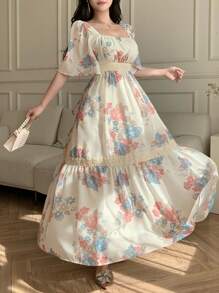 DAZY 女士中长款碎花连衣裙，春夏优雅，挤奶女工连衣裙