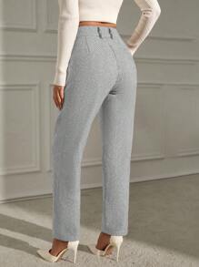 EURMUSE Women's Pleated Herringbone Straight Leg Loose Casual Pants For Work - Light Grey - View 2