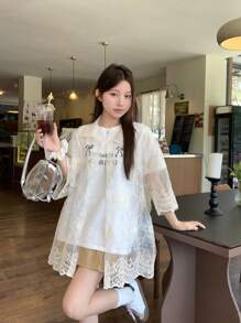 DAZY 女士休闲蕾丝透明长袖衬衫，休闲与度假