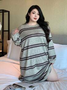Dazy Plus Camisón de manga larga recta holgado con cuello redondo y rayas, apto para todas las estaciones, talla grande