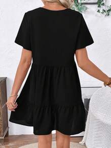 Breezaya Women V-Neck Short Sleeve Pleated Simple Casual Short Embroidered Doll Dress - Black - View 2
