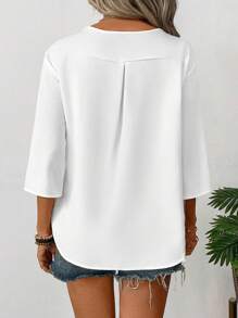 SHEIN LUNE 女士纯色 V 领前排纽扣休闲通勤简约衬衫