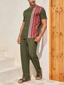 Manfinity Homme Completo da uomo composto da Maglietta a maniche corte a blocchi di colore e pantaloni, 2 pezzi - Verde - Visualizzare 5