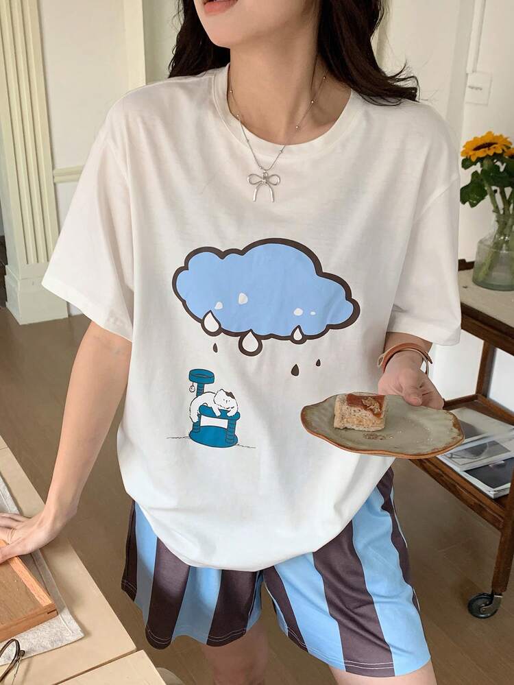 2pcs/Set Cartoon Print Loose Short Sleeve Striped Women Pajama Set